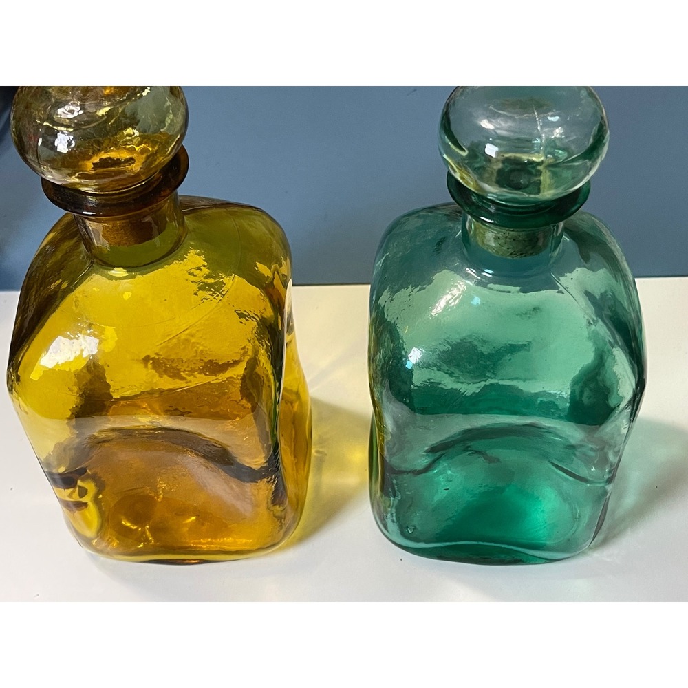 Vintage Hand Blown Glass Decanter Set Amber Teal Green Dimpled Bottles Corks
